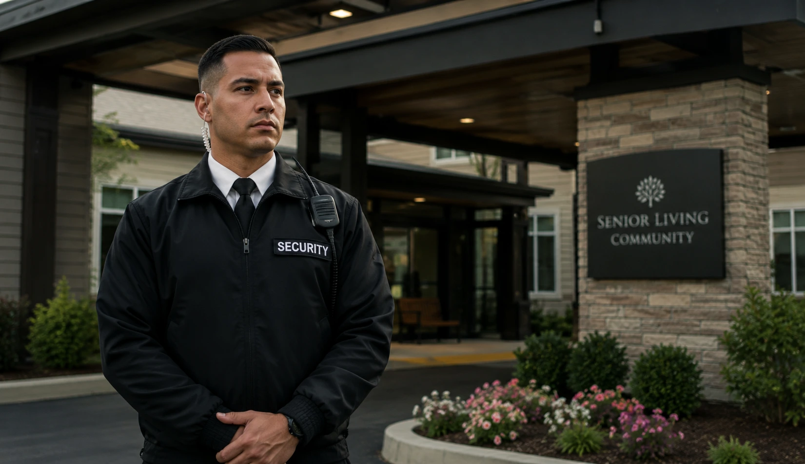 Security officer outside a senior living community