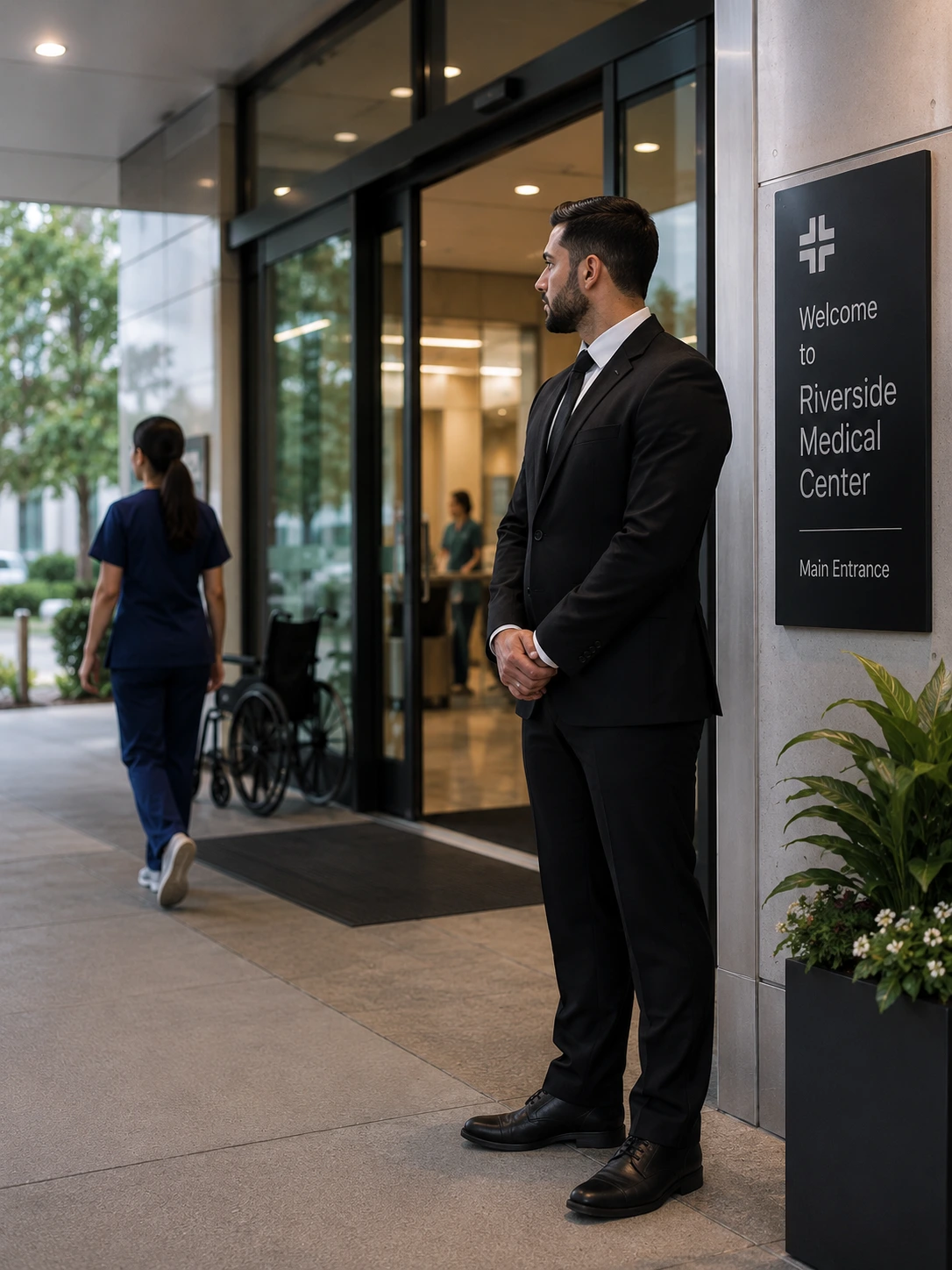 Security officer outside a medical center