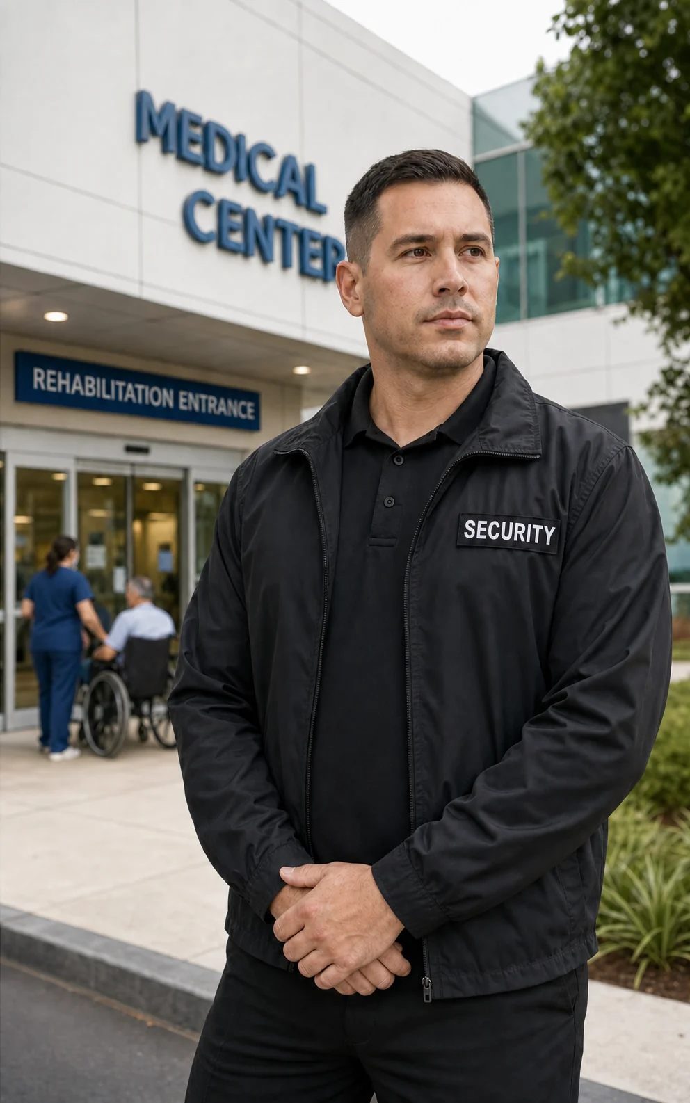 Security officer at healthcare entrance
