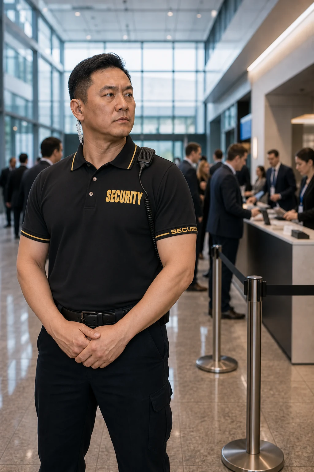 Security officer in a black-and-gold company polo at a corporate conference access point