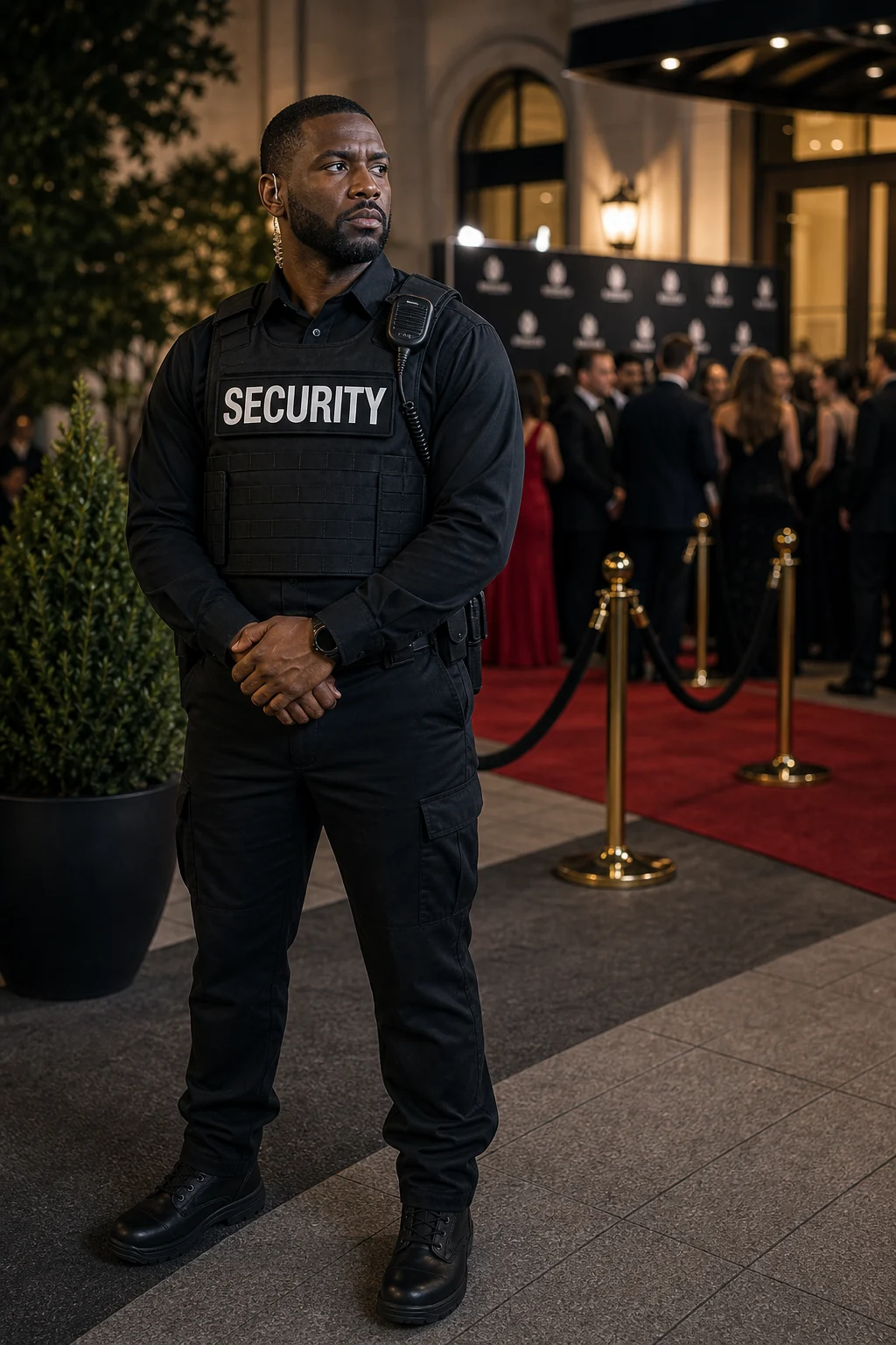 Vest-wearing security officer at a charity event entrance
