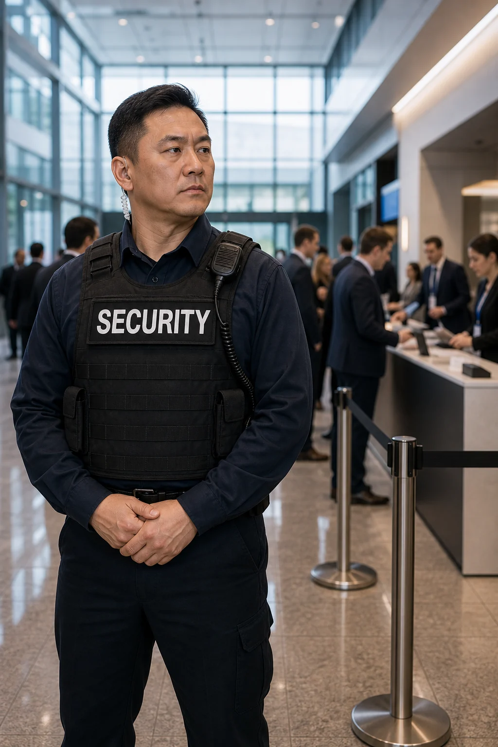 Vest-wearing security officer at a corporate conference access point