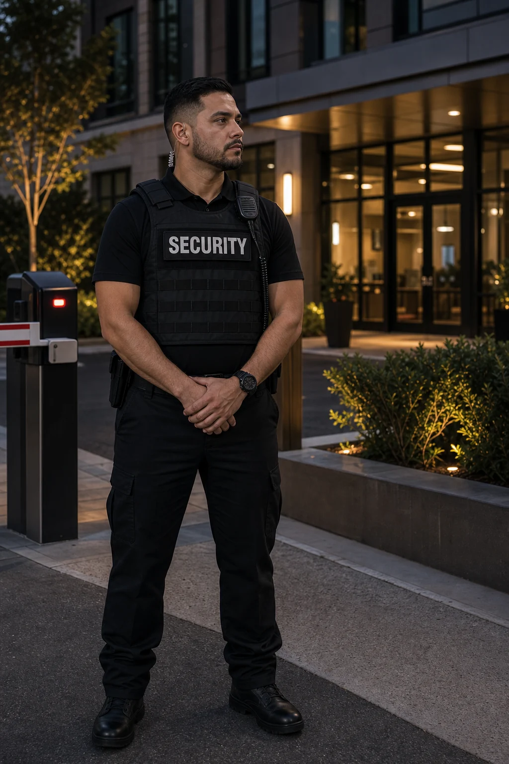 Vest-wearing security officer at an access control point